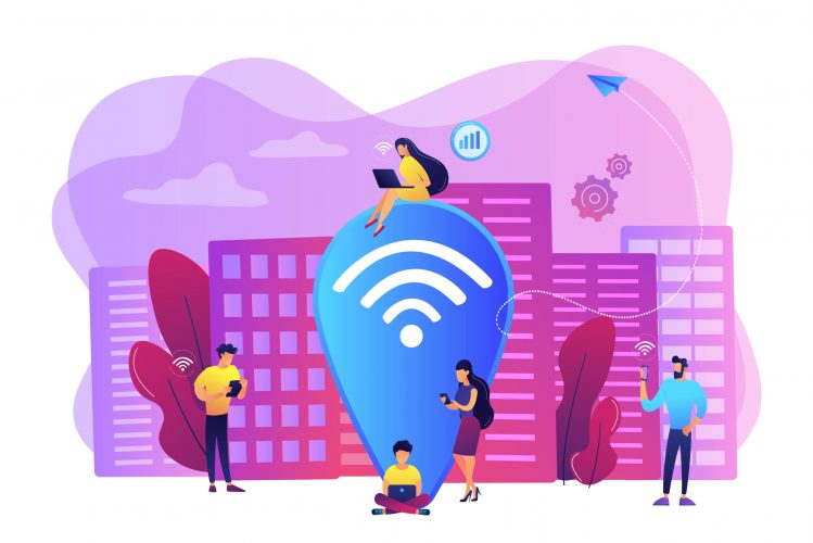 Surfing web, browsing through websites. Free internet, network. Public wi-fi hotspot, free wireless internet access, free wifi service concept. Bright vibrant violet vector isolated illustration