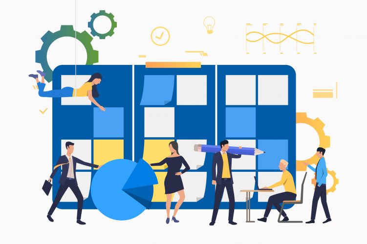 Professionals working in office. People holding pencil, working on laptop, sticking notes. Business concept. Vector illustration can be used for topics like team, teamwork, scrum meeting