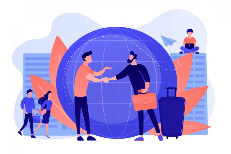 Human resources agency for migrants. Help hub. Expat work, effective migrant workers, expatriate programme, outside country employment concept. Pink coral blue vector isolated illustration