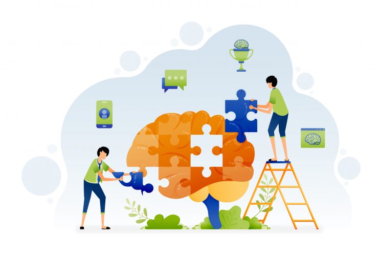 Illustration of people solving brain shaped puzzle problems with brain intelligence. Problem solving with brainstorming. Design can be for landing page website poster banner apps web social media ads